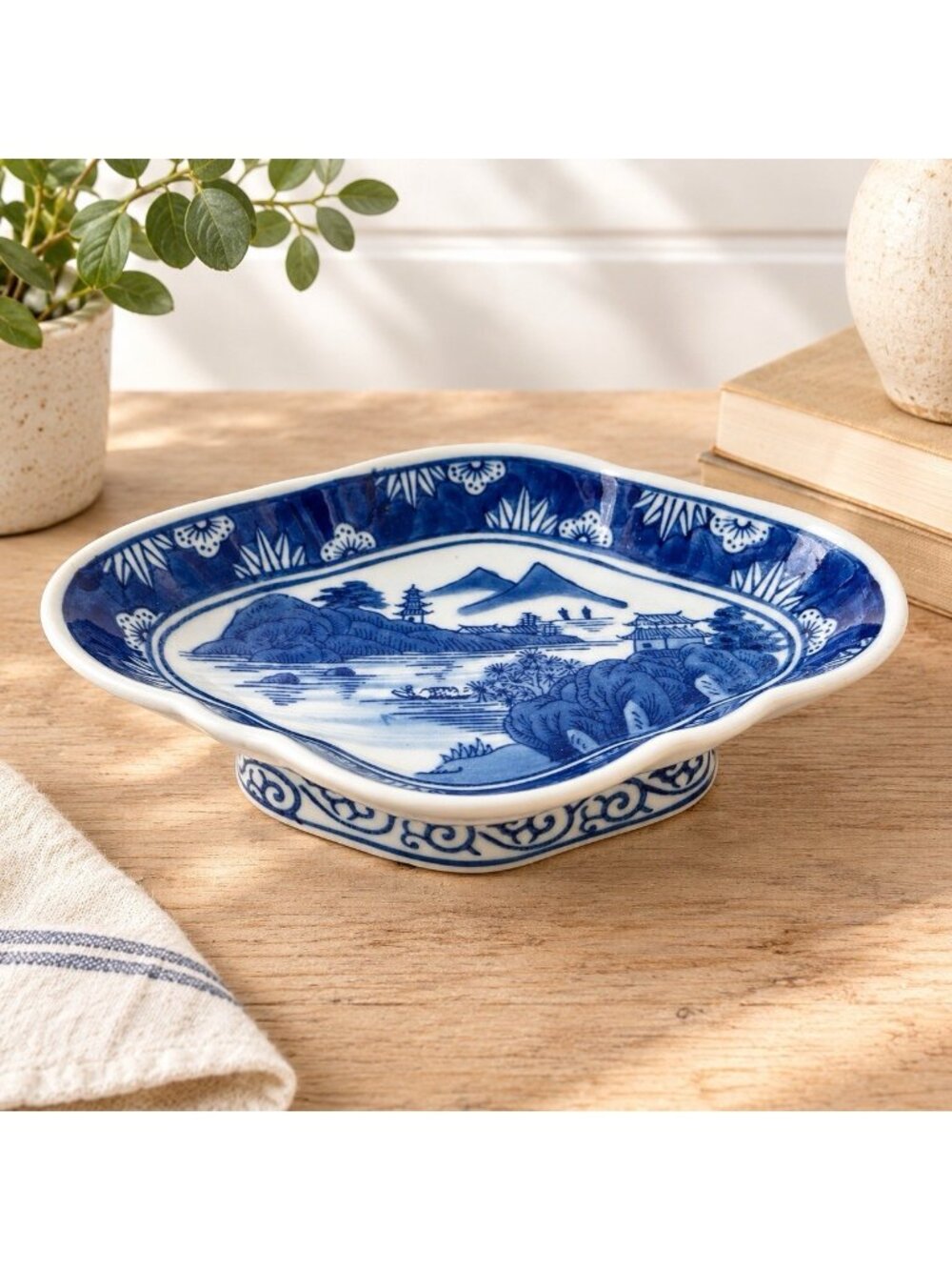 Vintage MCM Chinese Canton Porcelain Footed Trinket Dish Handpainted Blue White